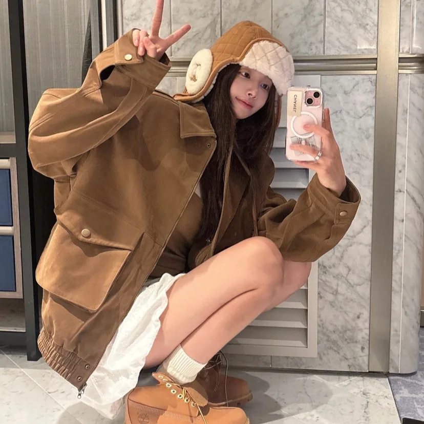 

Sli ort Jaet Women's Retro Zipper Elastic Design Sense Coat Korean Sle Loose pe Polyester Fiber 00%