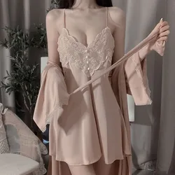 Plus Size Women Sleepwear Spring and Summer Robes Sexy Lace Suspender Nightdress Ice Silk V-neck Pajamas Nightgown Thin Homewear