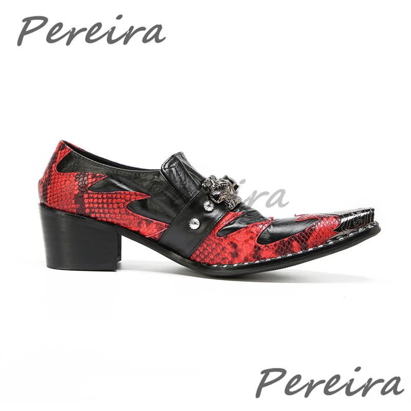 Red and Black Mixed Colors Genuine Leather Men's Shoes Iron Pointed Toe Slip-On High Heel Loafers Punk Style Party Male Shoes