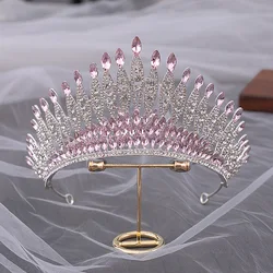 Quality Pageant Pink Bridal Crown Headdress Royal Queen Large Water Drop Crystal Tiaras Diadem Wedding Hair Jewelry Accessories