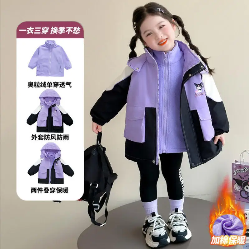 

Kuromi Girls' Anime Kawaii Trench Coat Autumn Winter New Children Cartoon Fashion Thick Warm Detachable Three In One Windbreaker