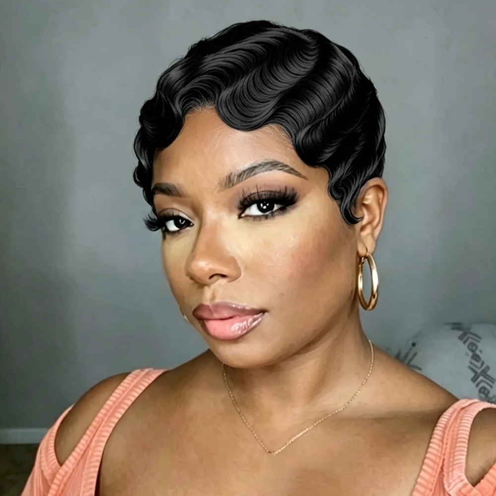 Brazilian Remy Human Hair Pixie Cut Wig - Natural Look, Deep Ocean Waves & Finger Waves, Elastic Net Cap for Women Everyday