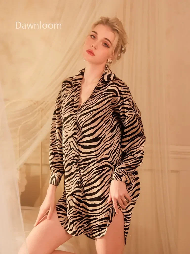 

Dawnloom Women's Boyfriend-Style Zebra Print Silk Shirt Dress Loose Fit Long Home Wear Pajamas with Split Sexy Casual Dress