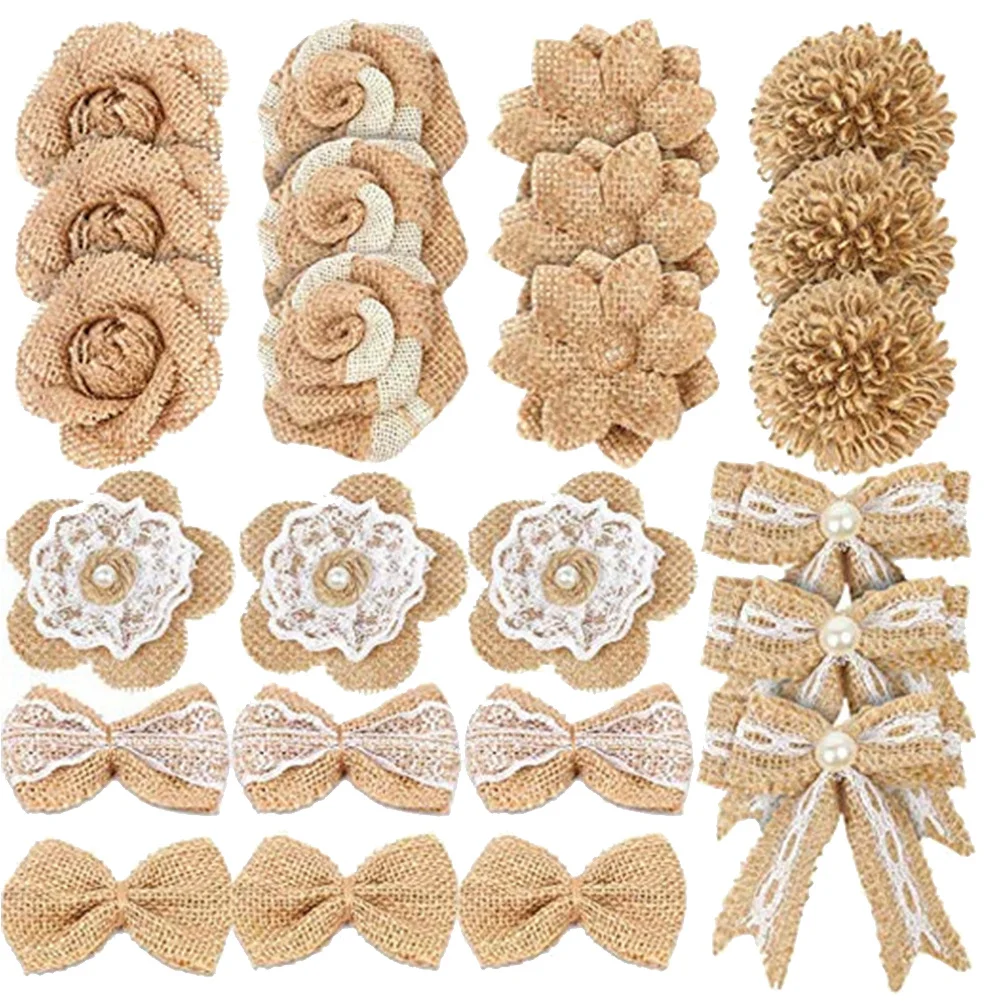 

24Pcs Christmas Decoration Set Burlap Flower Bow Jute Natural Wedding Brooch Craft Party Kindergarten Festival Decor