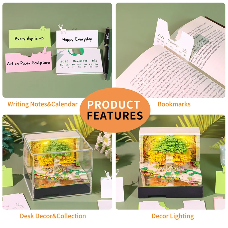 

Music Time Piece Calendar 2026 Desk Calendar With LED Light 3D Tear-away Calendar Paper Carving Art Memo Pad Notepad Christmas
