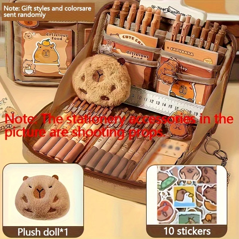 12pcs Cute Capybara Stationery Gift Set | Multi-Layer Storage Pencil Case, Student Pen Box with Capybara Stickers Back-to-Schoo