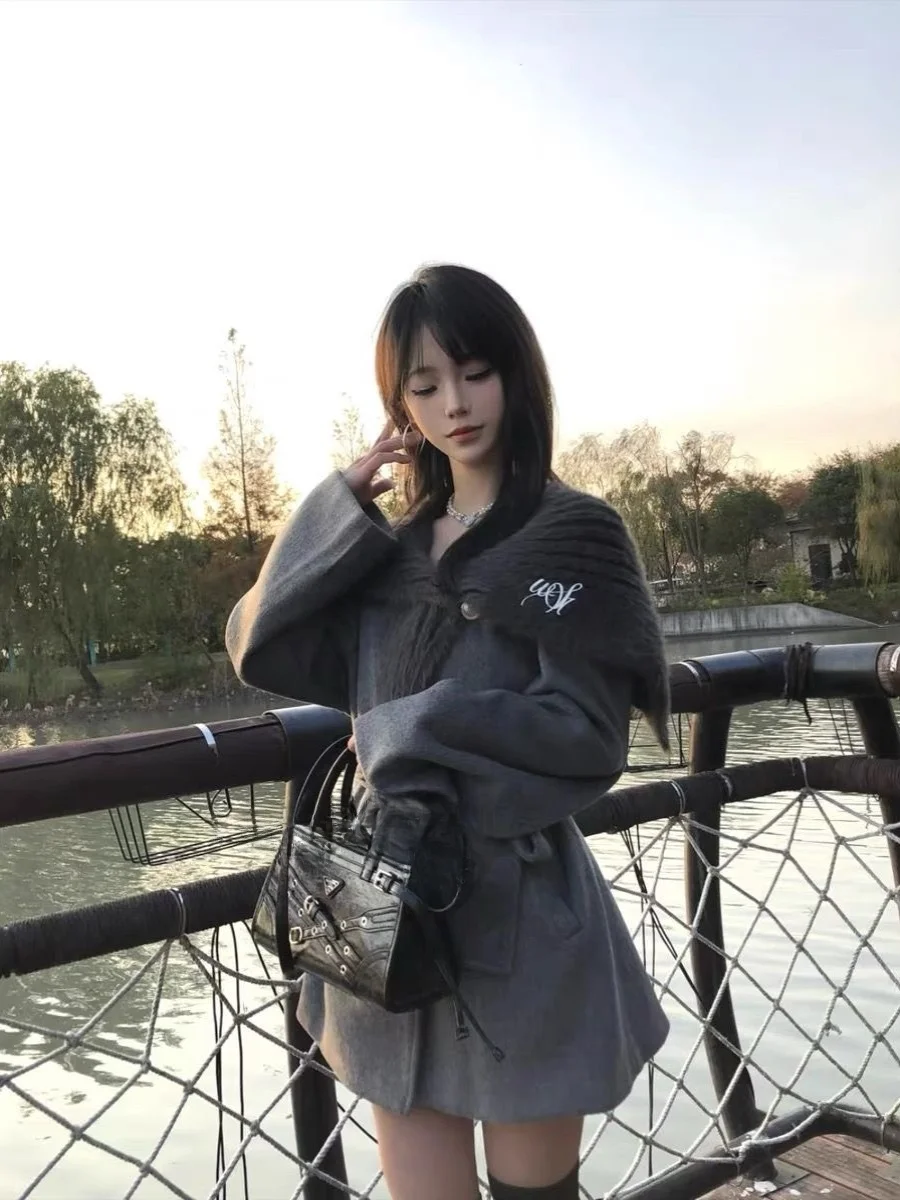 

Retro Winter New Year's ey Coat Women's Knitwear Waist-Cinching Belted Patchwork Jaet Long Sve Suit Collar Single Button