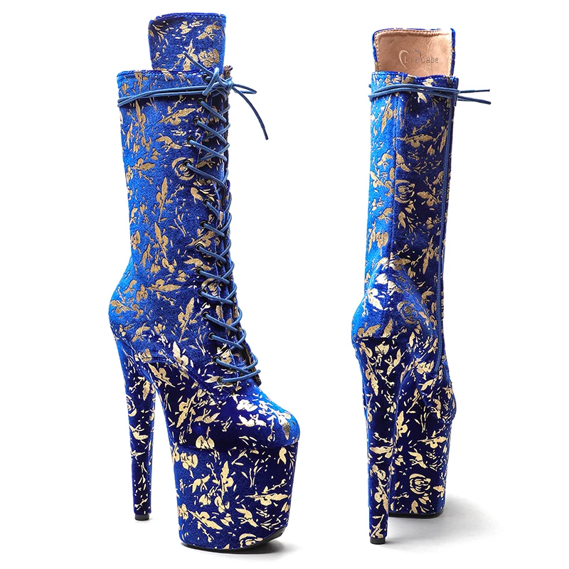 Leecabe  20CM/8inches Blue color Gold leaf pattern Pole dancing shoes High Heel platform Pole Dance boot