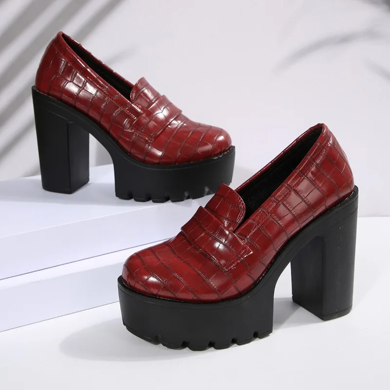 

Deep Mouth Single Shoes Autumn and Winter Plus Fleece Women's Block Heel Middle-aged High Heels Plus Size Round Toe