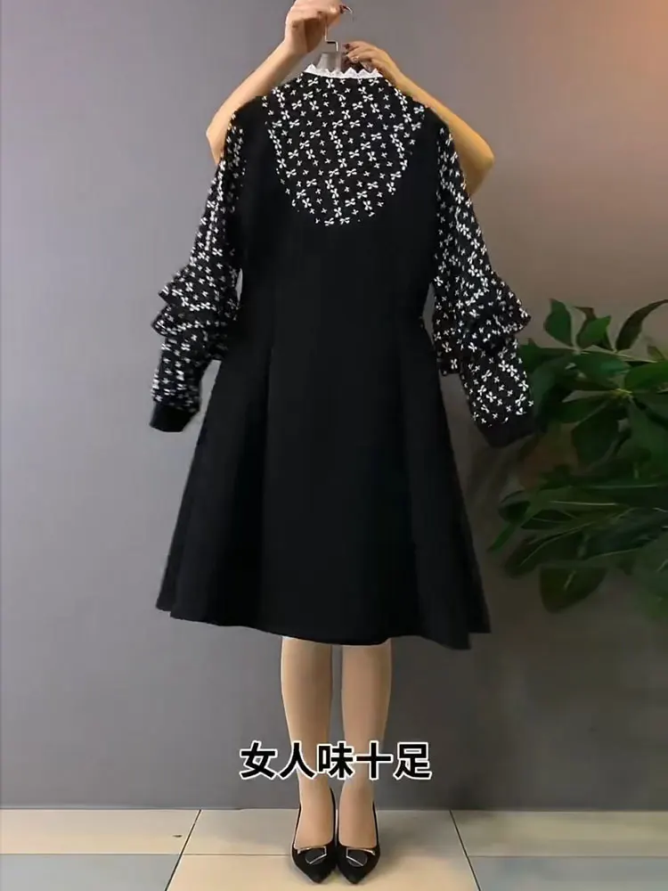 Frühling Herbst Plus Größe Temperament Koreanische Süße Bogen Spitze Kleid Mode Alter-Reduzierung Hohe Taille A-line Gefälschte Zwei taille Kleider