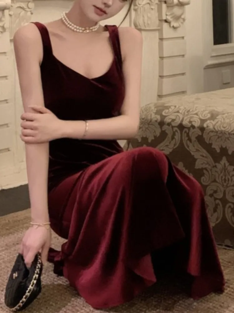 French Style Vintage Wine Red Camisole Long Dress Elegant Women Spring Autumn Solid Slim Mermaid Ladies Evening Party Robe New