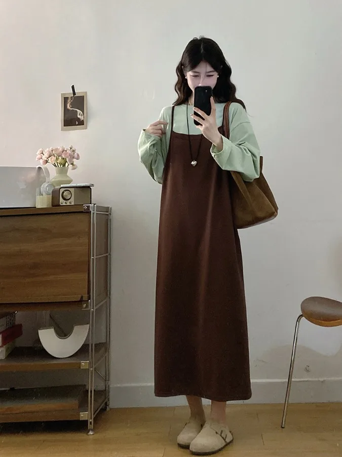 

plus Size Women's Vintage Japanese Sle Loose Strap Dr Long Sve T-irt Two-Piece Set Spring Summer Slimming Effect