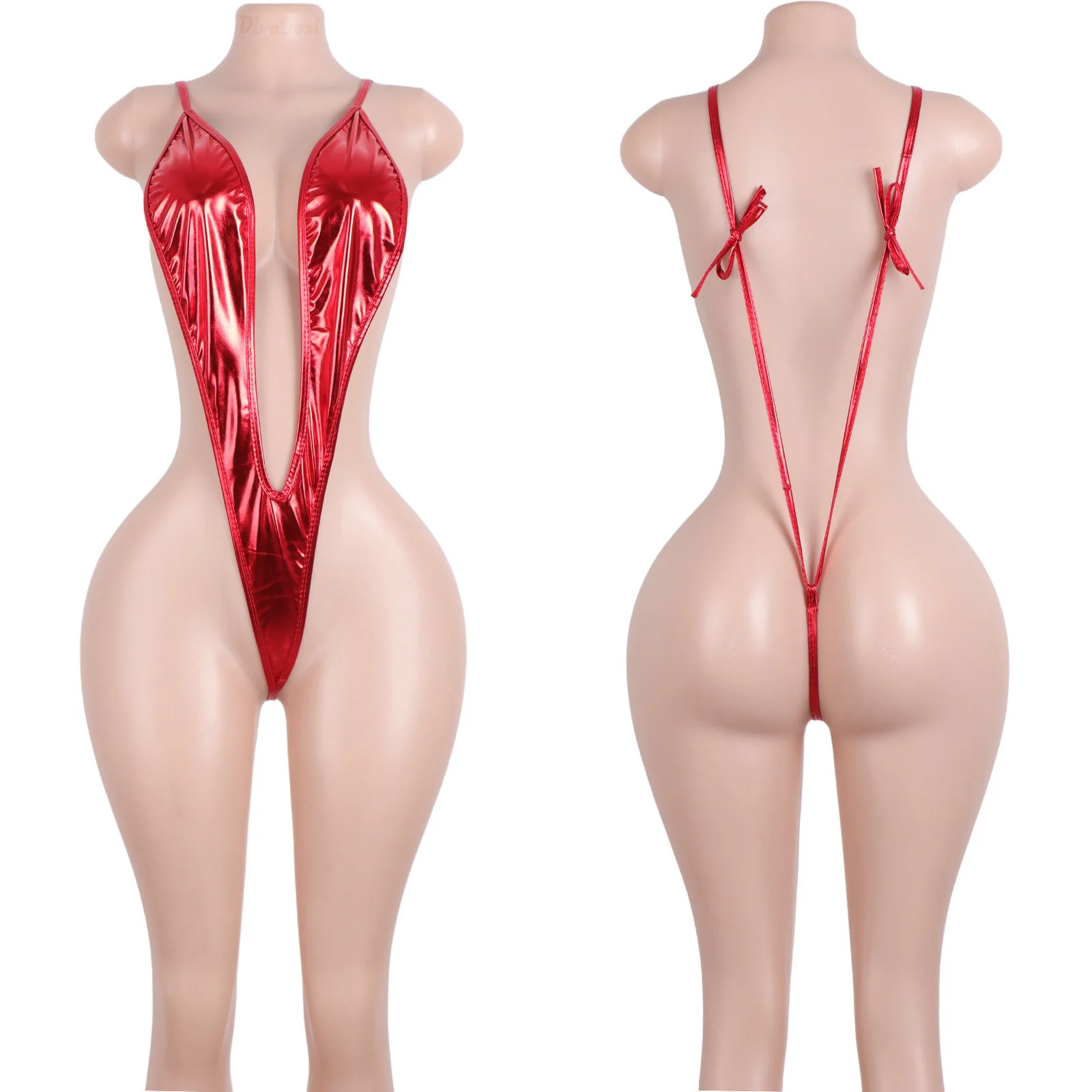 

Thong String Festival Outfit Rave Wear Exotic Patent Leather Backless Bodysuit Deep V Bikini Set Dancer Bottle Girl Outfits