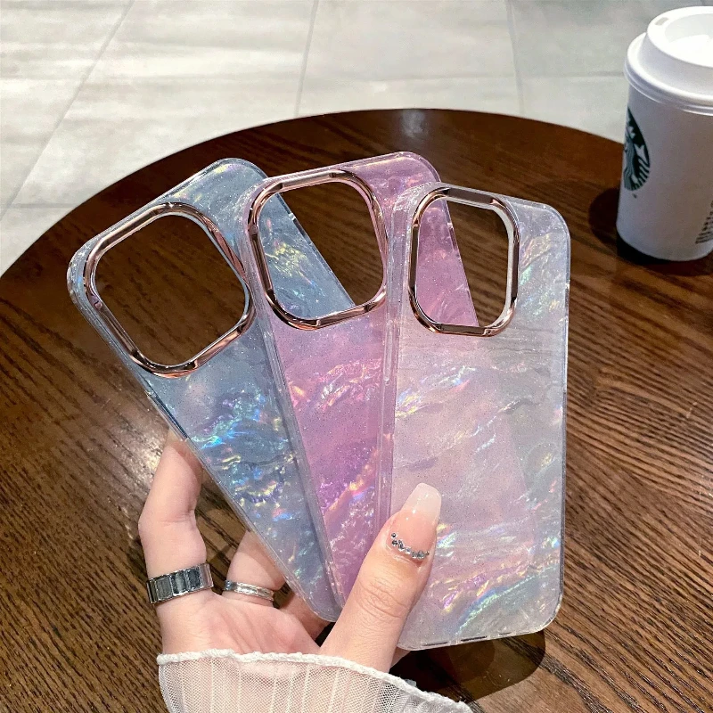 

Light Luxury Sparkling Pink Shell Pattern High-end Starry Protection Hard Cover for IPhone 16 15 14 13 12 11 Pro Max Phone Case