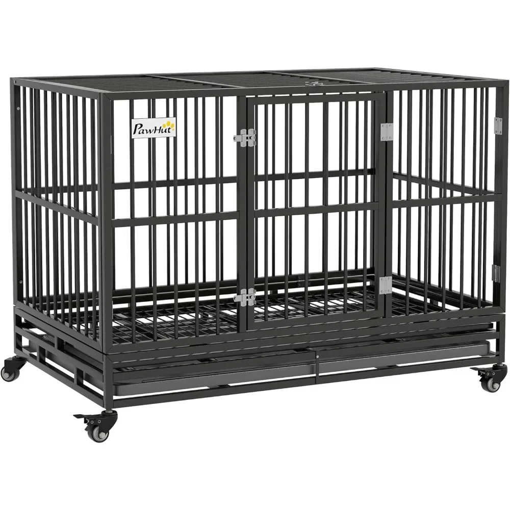 

48" Heavy Duty Dog Crate Metal Cage Kennel with Lockable Wheels, Double Door and Removable Tray, Gray