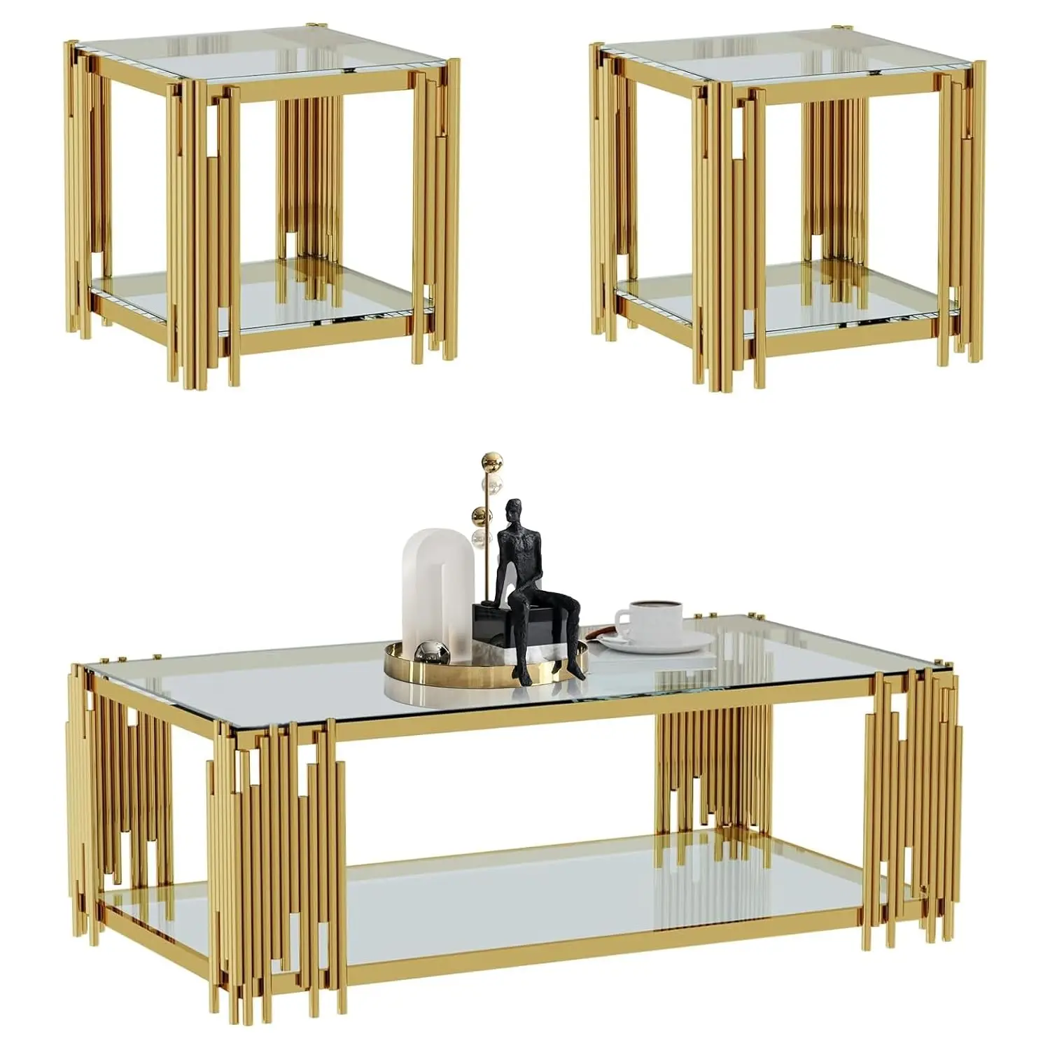 

Glass Coffee Table Set of 3, 3 Piece Living Room Table Set Include 1 Coffee Table & 2 End Tables, Modern 2-Tier, Customized