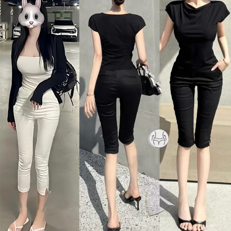 Slimming Color Elastic Casual Pants Women's Thin Split Seven-Quarter Length Jeans High Waist Cotton Stretch Denim