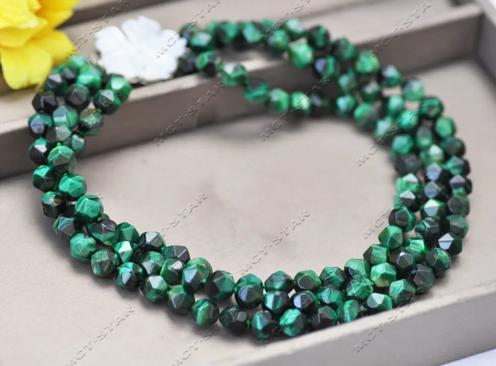 Z13134 3Row 18'' 10mm Green Round Faceted Malachite Tiger's Eye Gemstone Necklace CZ