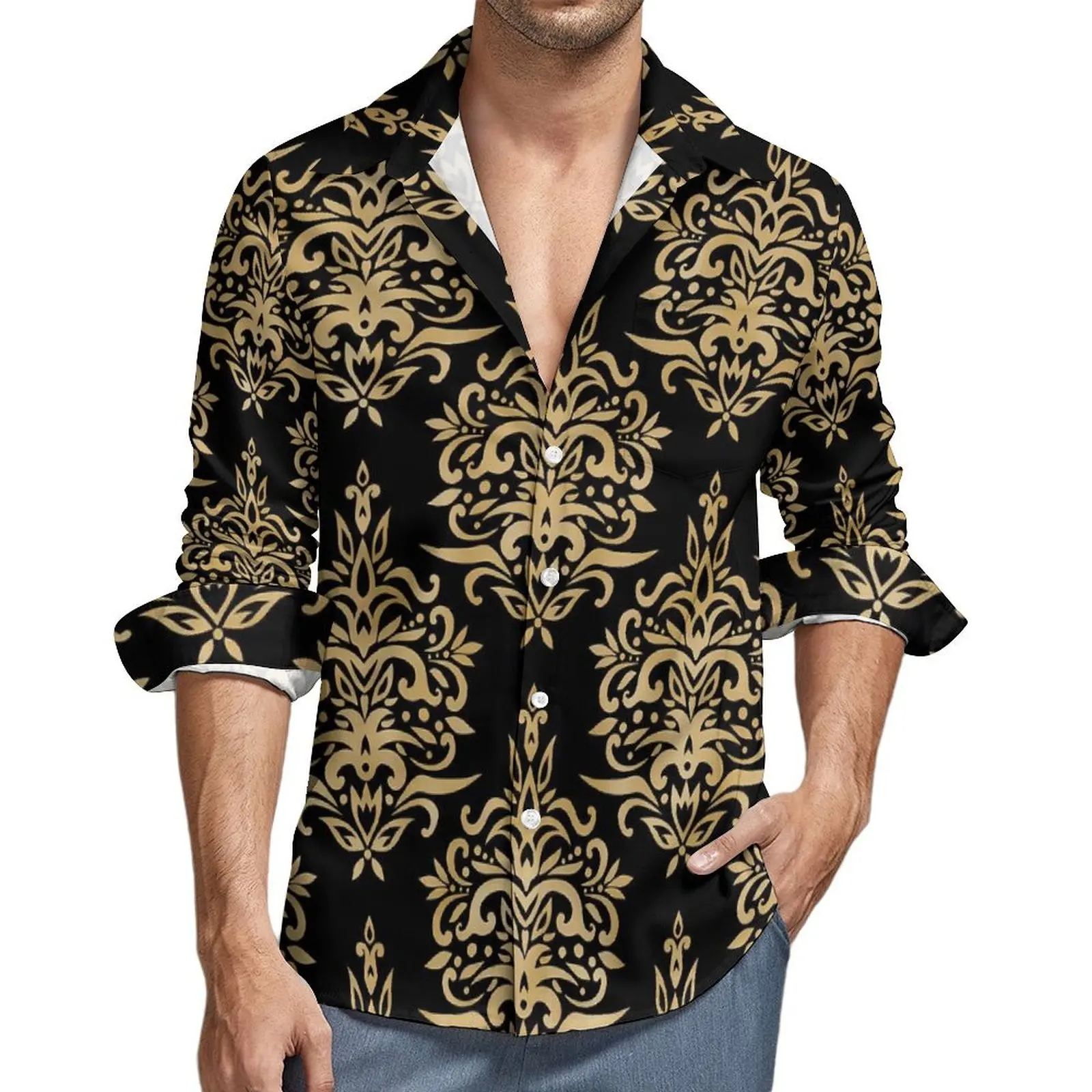 

Dressy Damask Casual Shirts Black and Gold Vintage Shirt Spring Street Oversize Blouse Mens Long Sleeve Design Clothing Gift