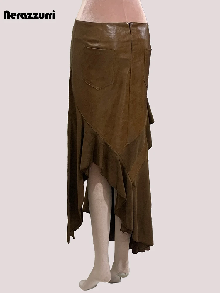 Nerazzurri Autunno Lungo Maillard Marrone Patchwork Pu Pelle Midi Gonna Asimmetrica Donna Designer di Lusso Vintage Emo Vestiti