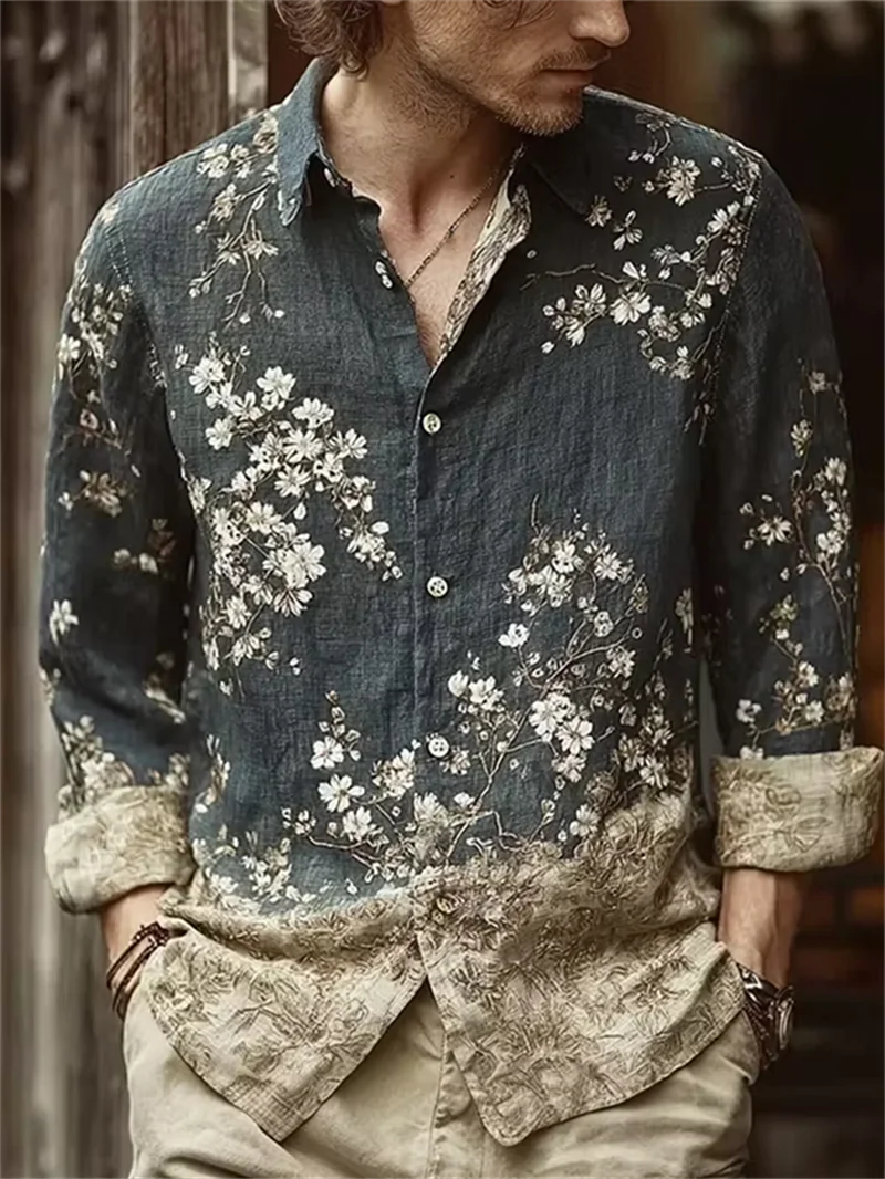 New retro blue dyed cherry blossom 3D printed men's long sleeved shirt, vintage casual shirt clothing