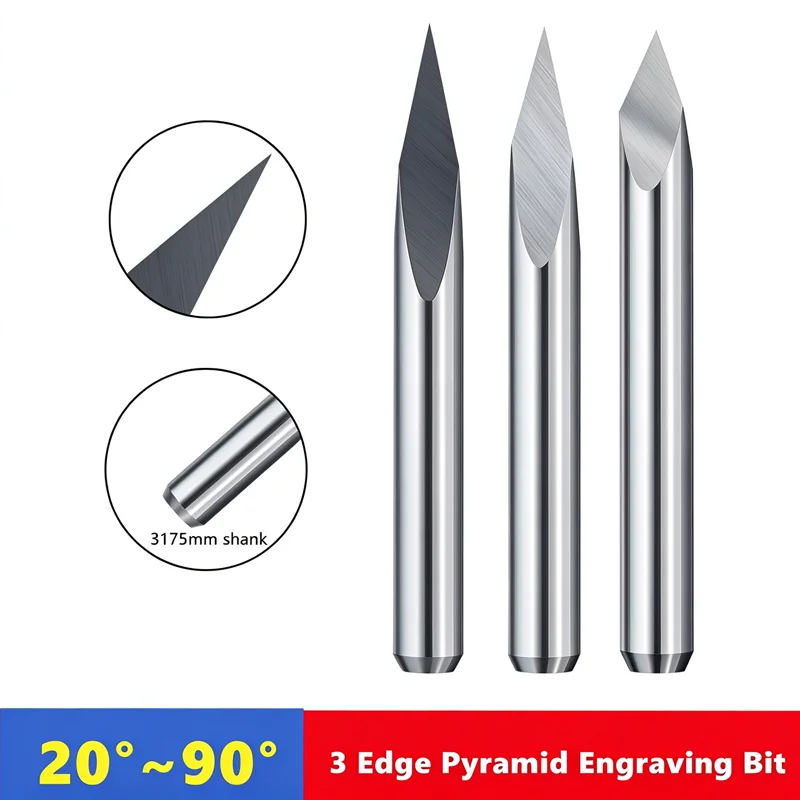 10pc Milling Cutter 3 Edge Pyramid Engraving Bit 3.175mm（1/8） Shank 20/30/40/45/60/90 Degrees CNC Router Bit Wood Milling Tool