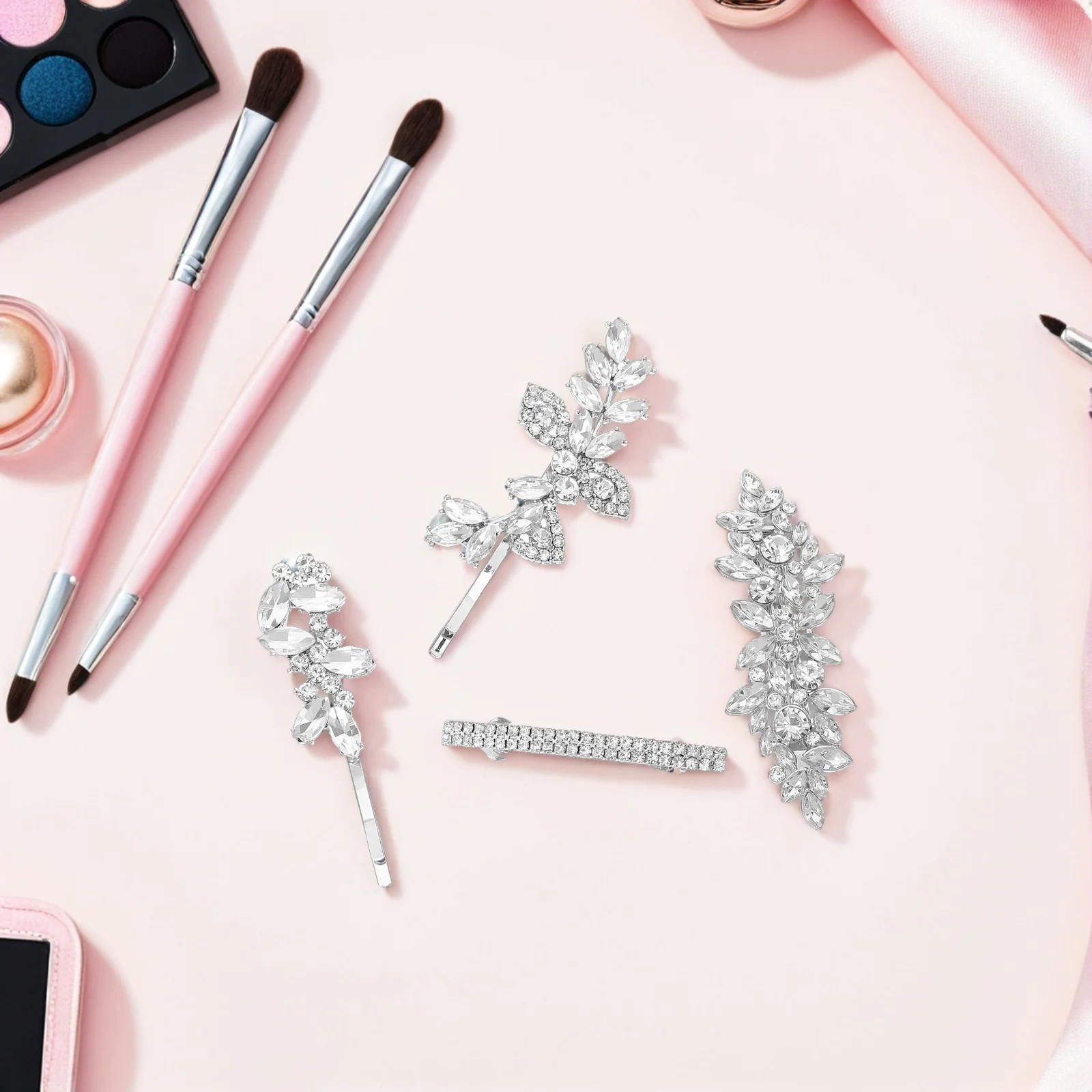 

6pcs Hair Clips Set Rhinestone Crystal Leaf Flower Barrettes For Wedding Bridal Women Sparkling Hair Accessories