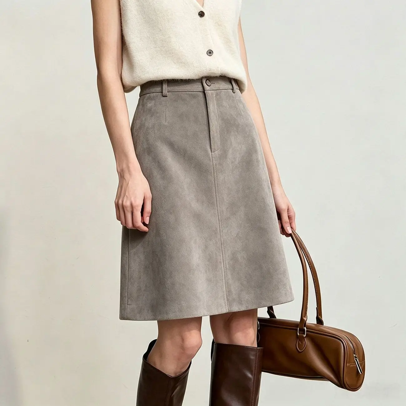 Gray Fashionable Suede Skirt Women High Waist Slimming A-Line Skirt Versatile Commute Style Non-Stretch High Waist Skirt