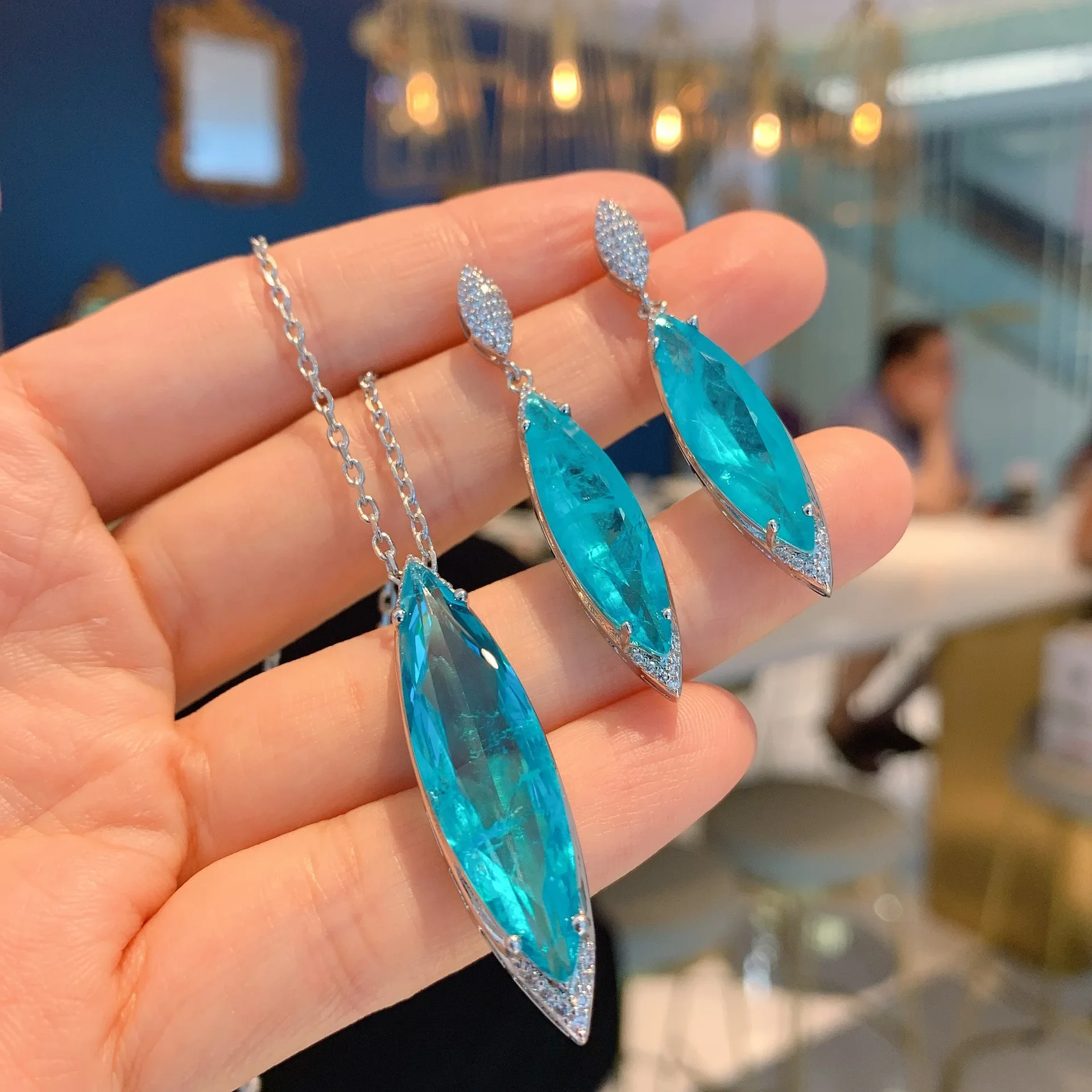 2024 Fashion Blue Paraiba Crystal Gemstone Pendant Necklace Tassel Earring Luxury Large Water Droplet Jewelry Set Gift for Women