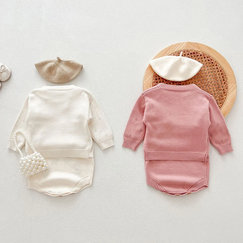 2024 New Autumn Newborn Baby Girls Clothing Set Long Sleeved Knitted Cardigan+Jumpsuit Toddler Baby Girl Knitting Clothes Suit