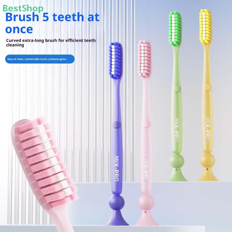 ♥Extra-long Brush Head Antibacterial Soft Bristle Toothbrush With Non-slip Handle And Suction Cup Base Upright Design