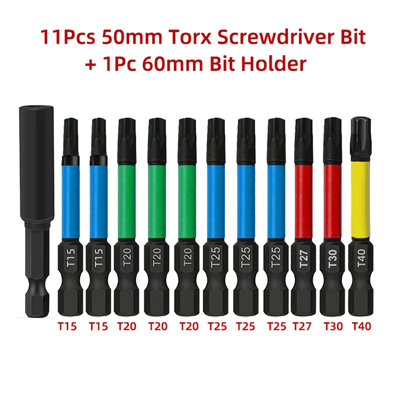 

11Pcs/12Pcs Torx Bit Set 50mm Magnetic Torx Screwdriver Bit 1/4 Inch Hex Shank Screwdriver Set with Bit Holder