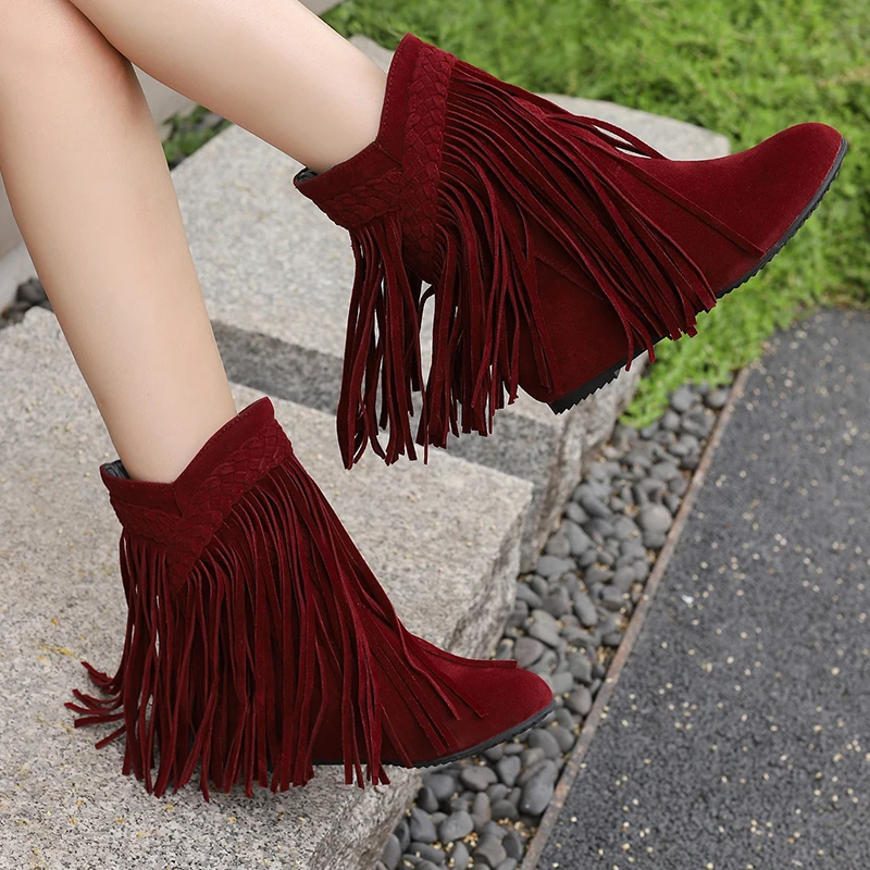 Bohemian Gypsy Boho Ethnic National Women Tassel Fringe Faux Suede Inner Increased Ankle Boots Girls Flat Shoes Short Booties 45