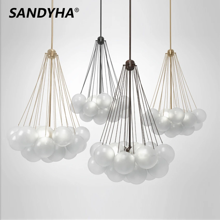 SANDYHA Nordic Glass Ball Led Pendant Lighting Golden Black Living Dining Bedroom Chandelier Home Decoration Interior Luster E27