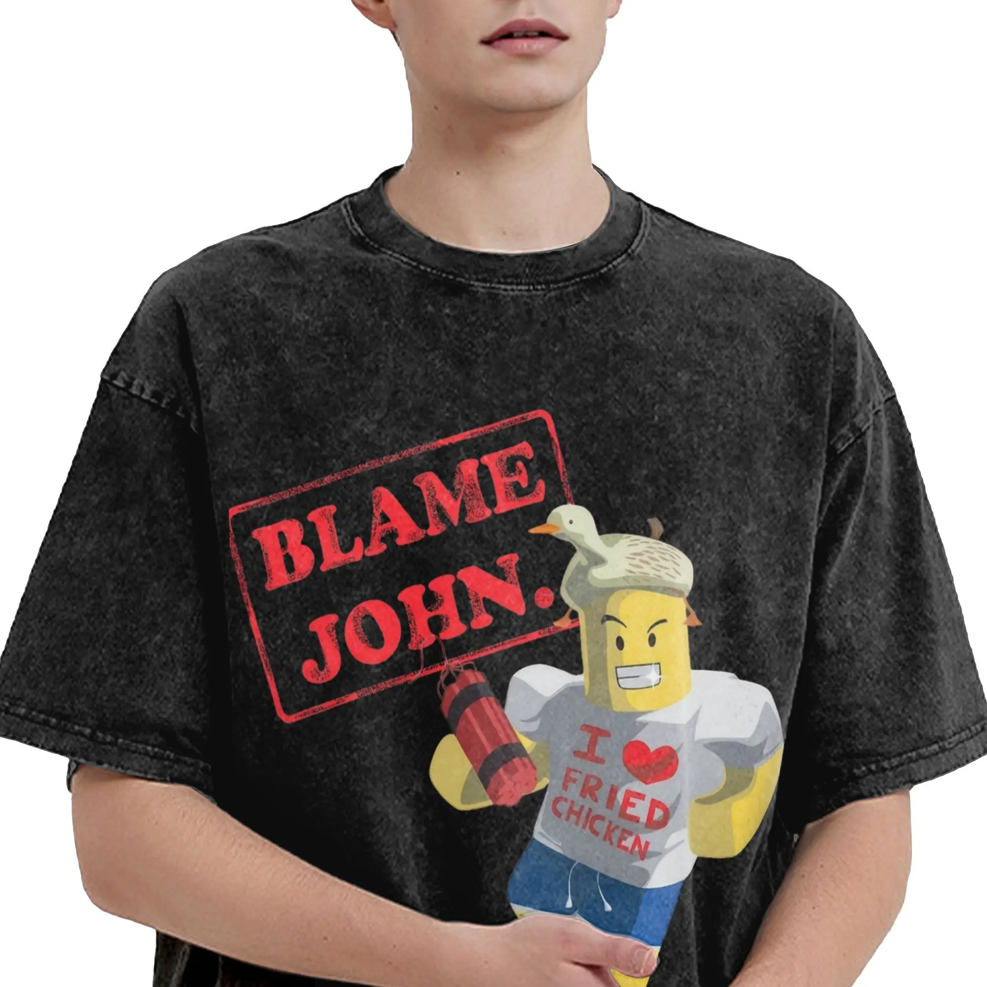 تي شيرت رجالي من Blame John Meme تي شيرت مغسول للترفيه بأكمام قصيرة ورقبة دائرية تي شيرت قطني مقاس كبير