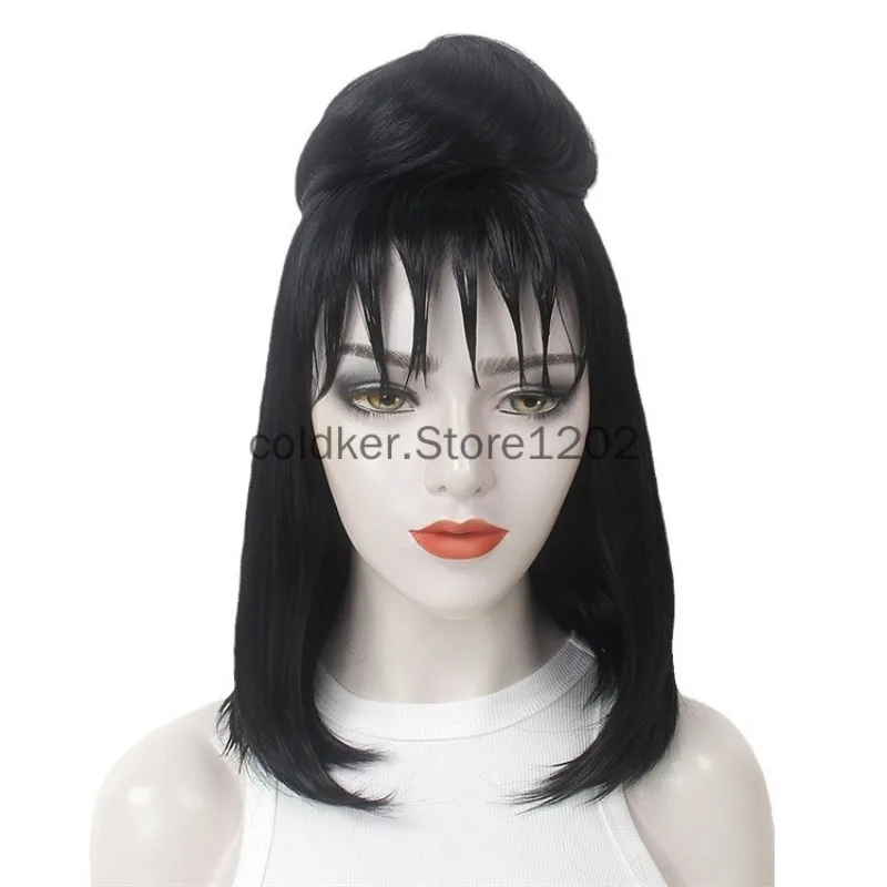 Lydia Zwarte Cosplay Pruik Met Broodje Rode Sluier Gotische Bruid Cosplay Pruiken Voor Kostuums Halloween Kostuum Pruiken Voor Vrouwen