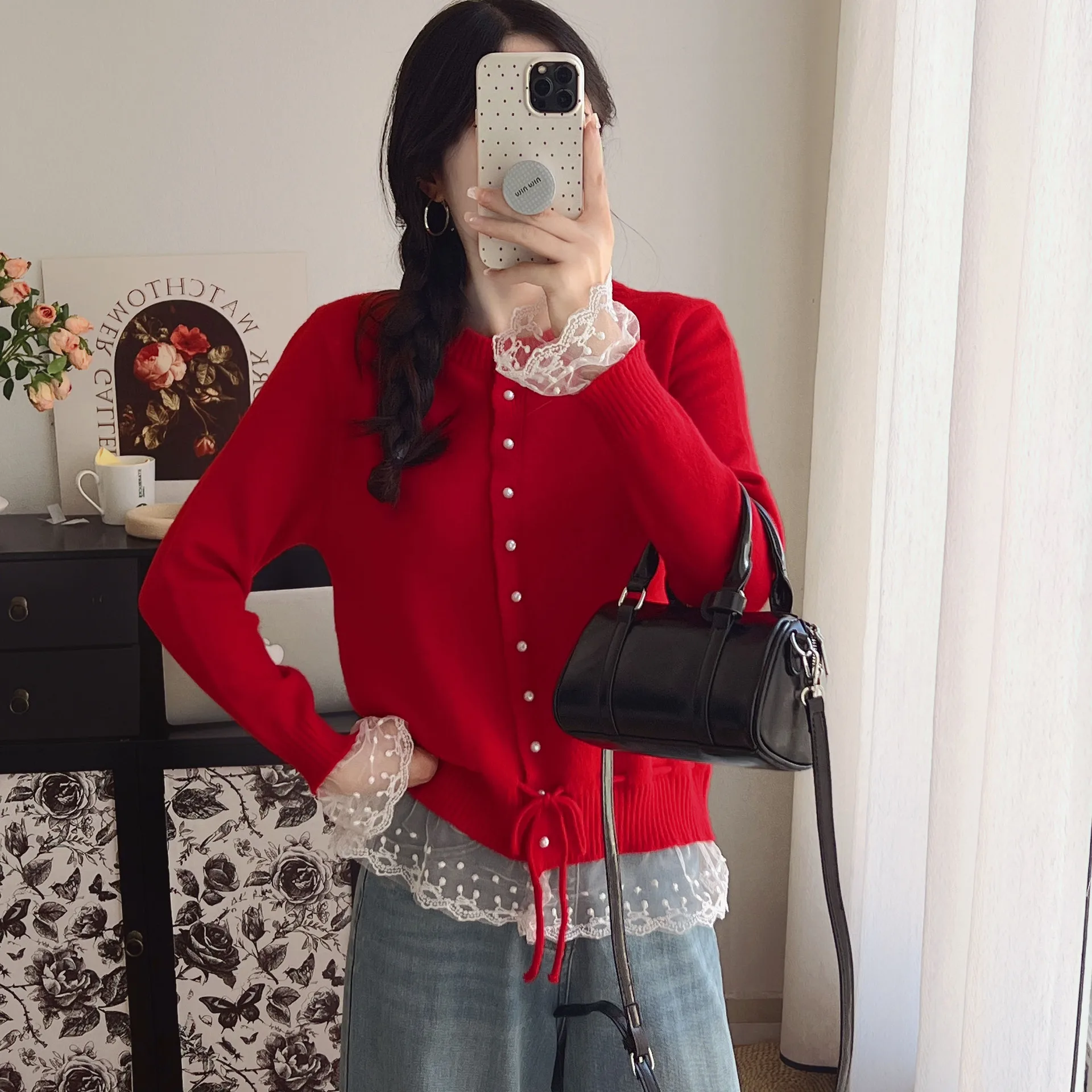 Koronkowy sweter patchworkowy dla kobiet Jesienno-zimowa nowa kolekcja Top z dzianiny z wąską talią