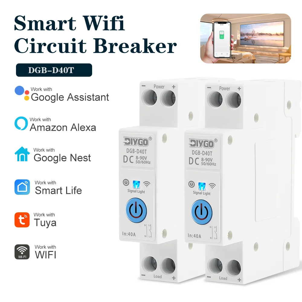 TUYA Smart Life DC WiFi Circuit Breaker MCB 1P 40A 8-90VDC DIN Rail Remote Control by APP Real-Time Monitoring for Smart Home