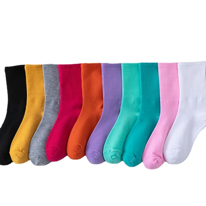 Winter All-match Sports Style Solid Color Stripes Simple Breathable Korean Cotton Socks Ladies Long Tube Autumn