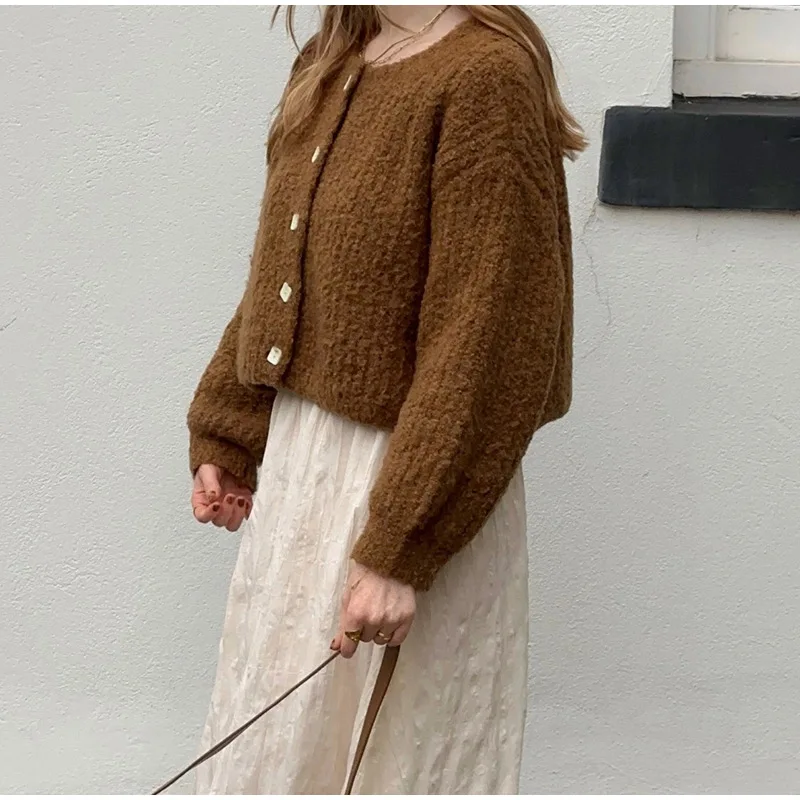 Retro Plush Single Breasted Cardigan Women Elegant Loose Solid O-neck Short Sweaters Female Winter Autumn Chic Street Knitwear
