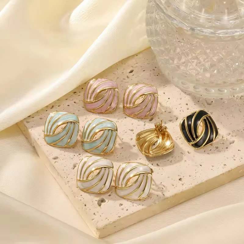 Retro Bow Geometric Square Triangular Stripes Earrings Stud Trendy Simple Stainless Steel Jewellery for Women