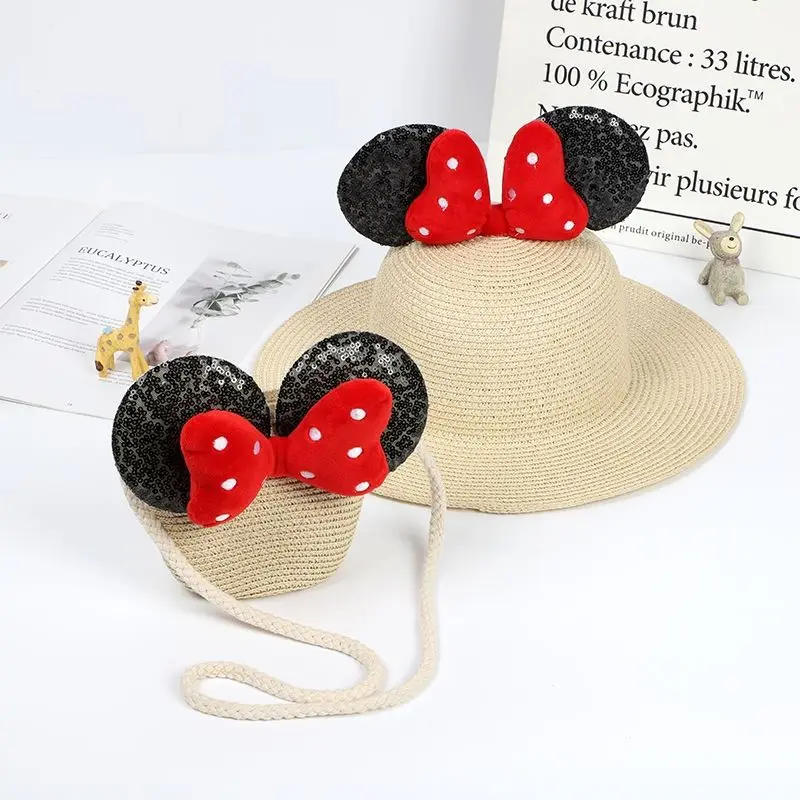 2 adet Disney Minnie Mouse Panama şapka bebek kız güzel kulak balıkçı şapka yay güneş kapaklar yaz kızlar çocuklar hasır kova plaj şapkaları