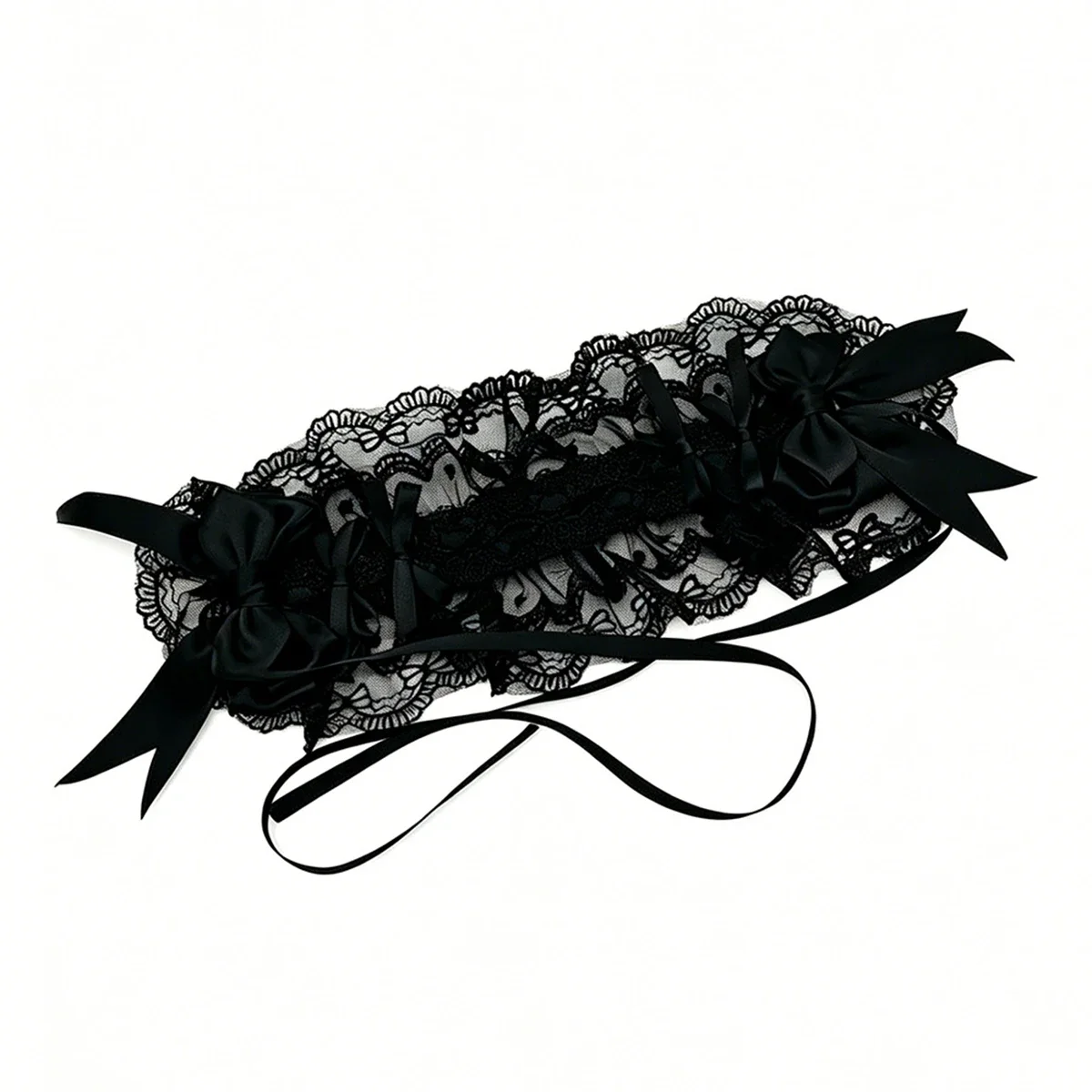 Black Gothic Lolita Headband, Ruffled Lace Headdress with Satin Bows,  Alligator Clips & Long Ribbon Ties for Cosplay Halloween
