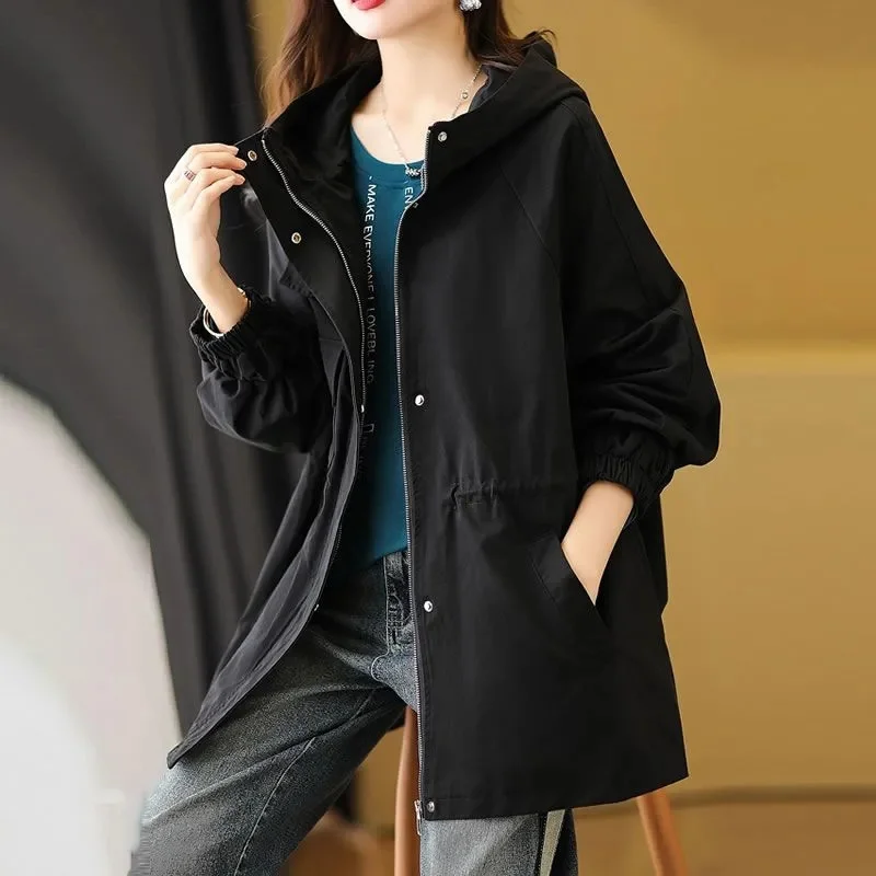 Women Mid Length Version Windbreaker Jacket Korean Ladies Hooded Trench Tops Coat Femal Large Size 4XL Drawstring Lined Outwear