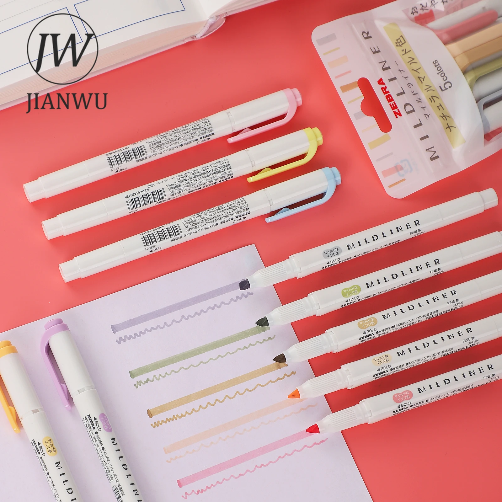 JIANWU 5Pcs/Set Mildliner Double-ended Highlighters Cute Soft Oblique Head Student Writing Marker Pen Kawaii Stationery Supplies