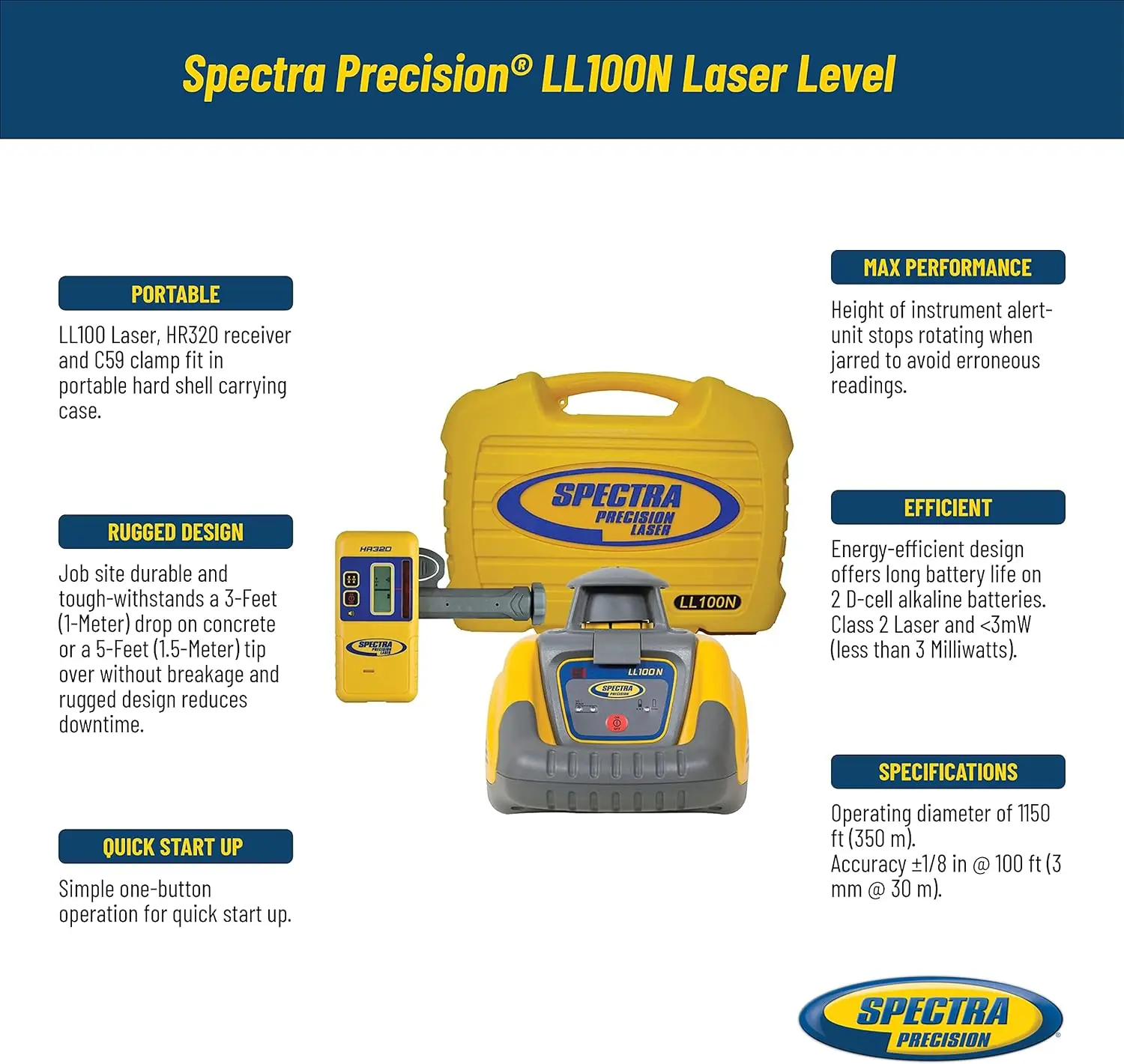 Spectra Precision LL100N Laser Level, Self-Leveling laser with HR320 Receiver, C59 Rod Clamp, Batteries, Carry Case