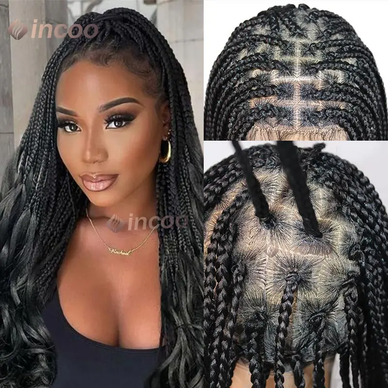 

Synthetic Full Lace Braided wigs Knotless Box Braided Wig With Curly Ends Lace Frontal Braiding Wig Handmade Cornrows Braids Wig