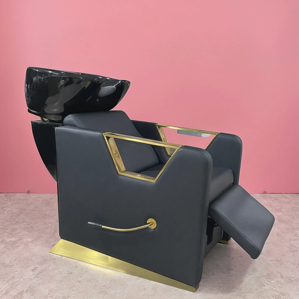 Modern Barbershop Furniture Black Gold Reclining Washing Chair Luxury Head Spa Therapy Shampoo Bed with Ceramic Bowl