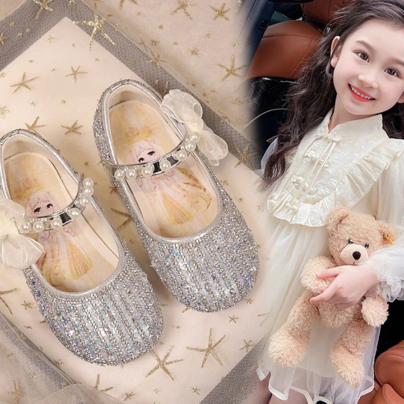 Girl Princess Shoe 2026 Autumn New French Water Diamond Soft Bottom Loafers Shoe Fashion Girl Crystal Performance Leather Shoe