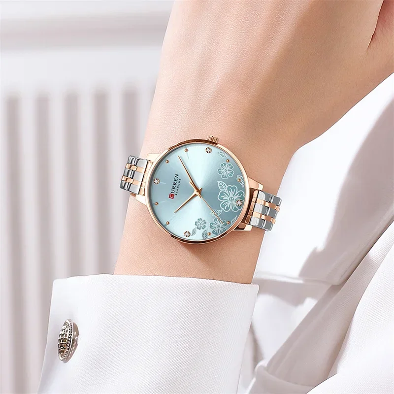 CURREN 9068 Casual Women\'s Quartz Watch Elegant Flower Dial Girl Bracelet Waterproof Steel Strap Simple Fashion Wristwatch Lady